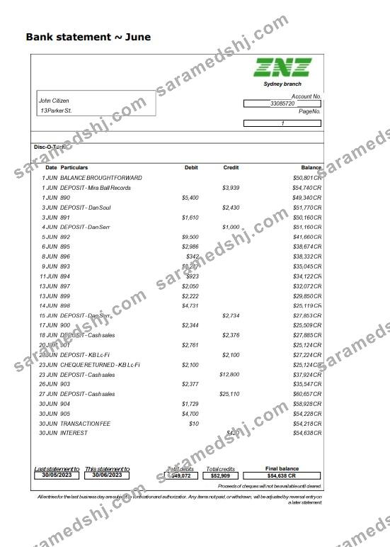 Sydney ZNZ bank statement Word and PDF template